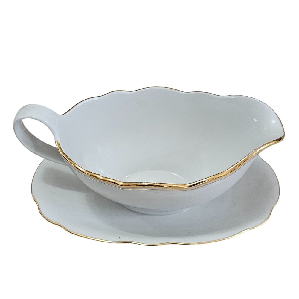 Bavaria Regency Gravy Boat Plate 16oz scallop edge gold trim Germany vtg Winterl - Picture 4 of 7